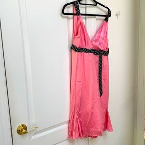 100% silk bright pink slip dress w/Blue white polka dot bow belt/straps. Size 10